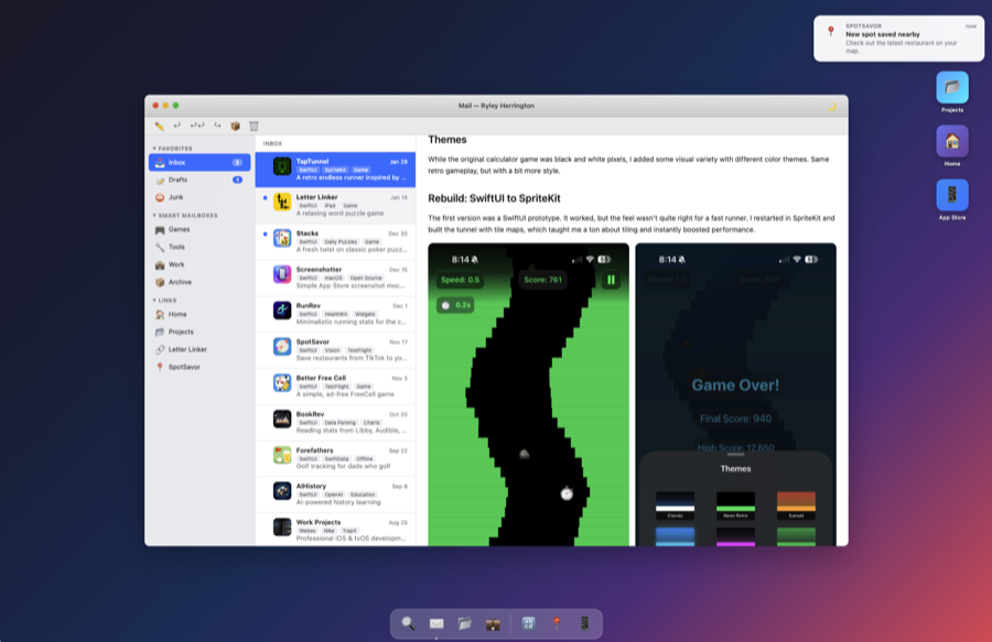 Blog view with email client and dark mode