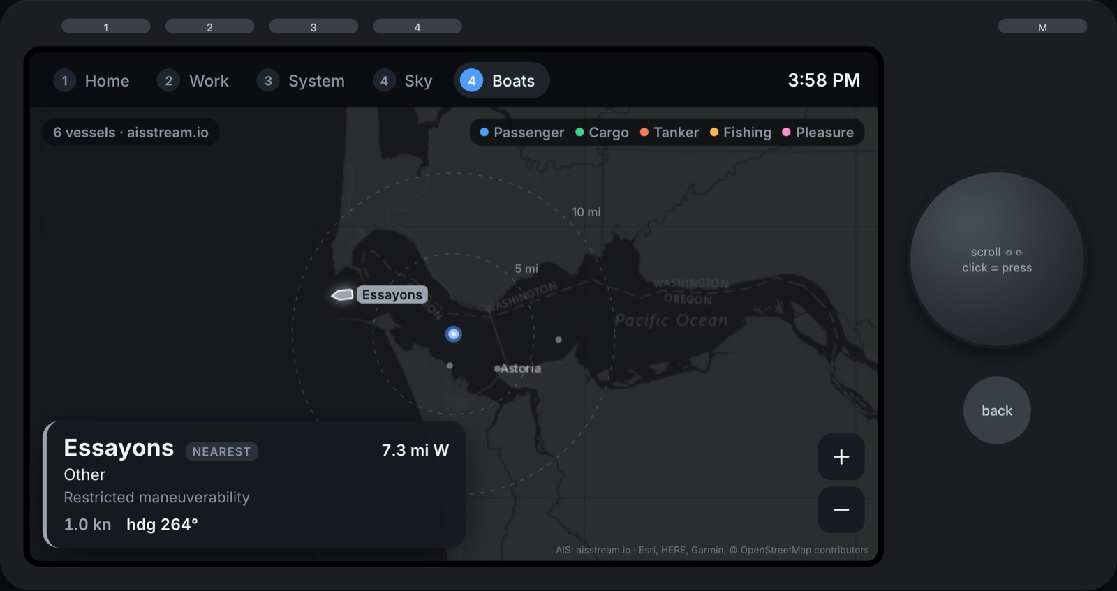 The Boats page a few seconds after opening: six gray ships, only the Essayons dredge named