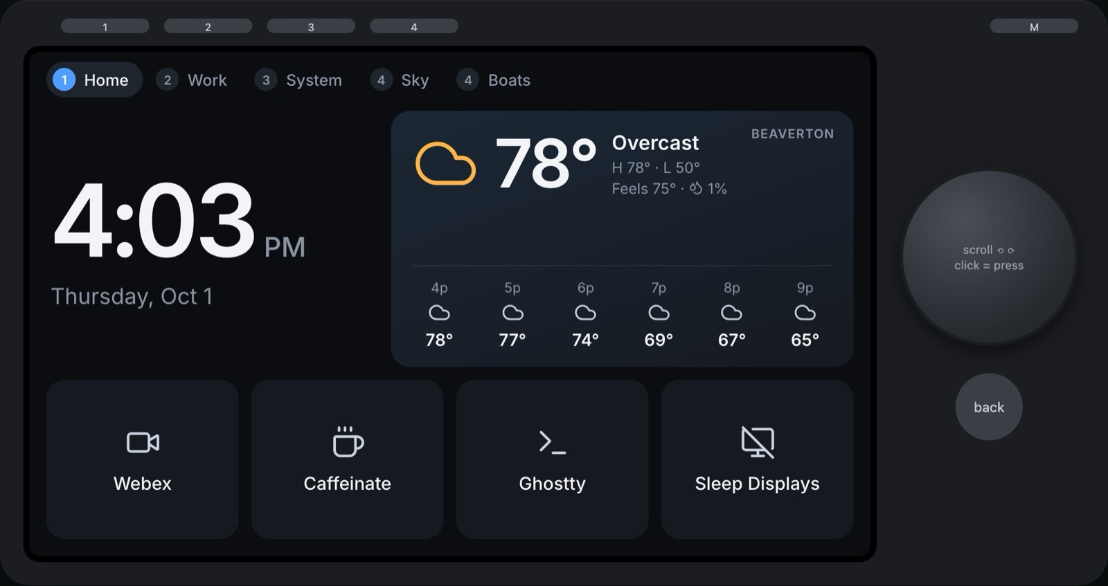 Car Thing Deck home screen with clock, Beaverton weather and four action tiles