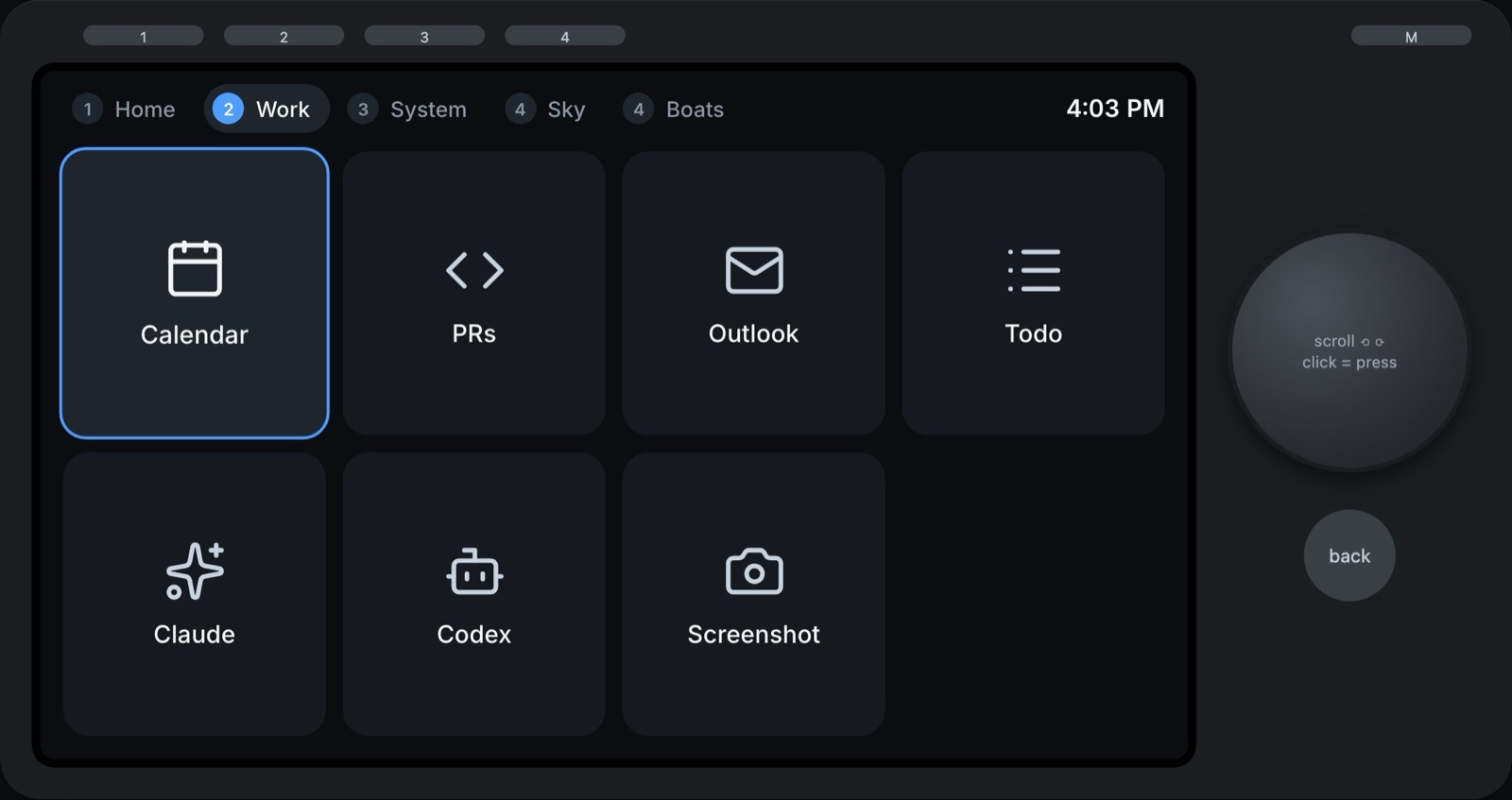 Work page with Calendar, PRs, Outlook, Todo, Claude and Codex tiles