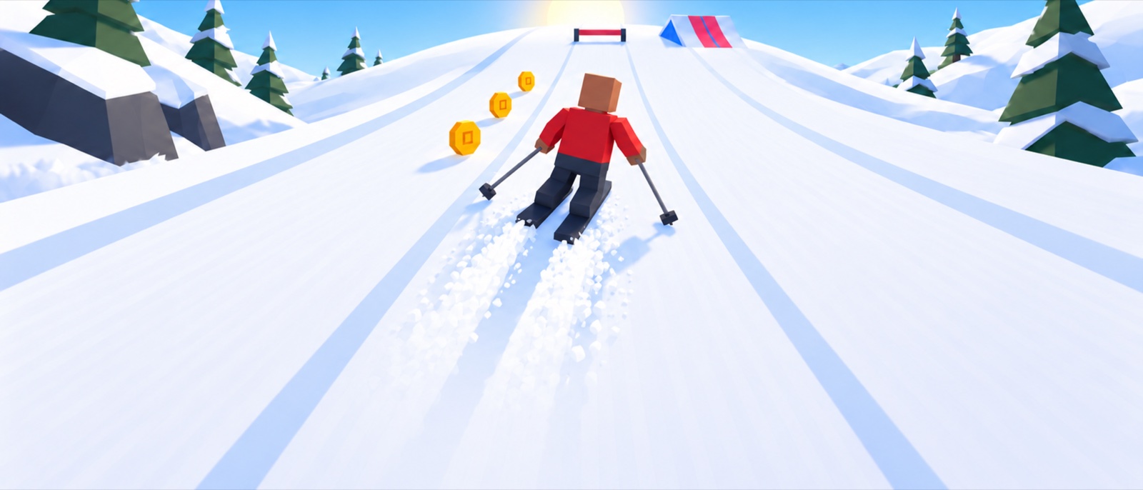 Illustrated Alpine artwork for Fall Line: a red blocky skier carving a three-lane snow slope beside a trail of gold coins
