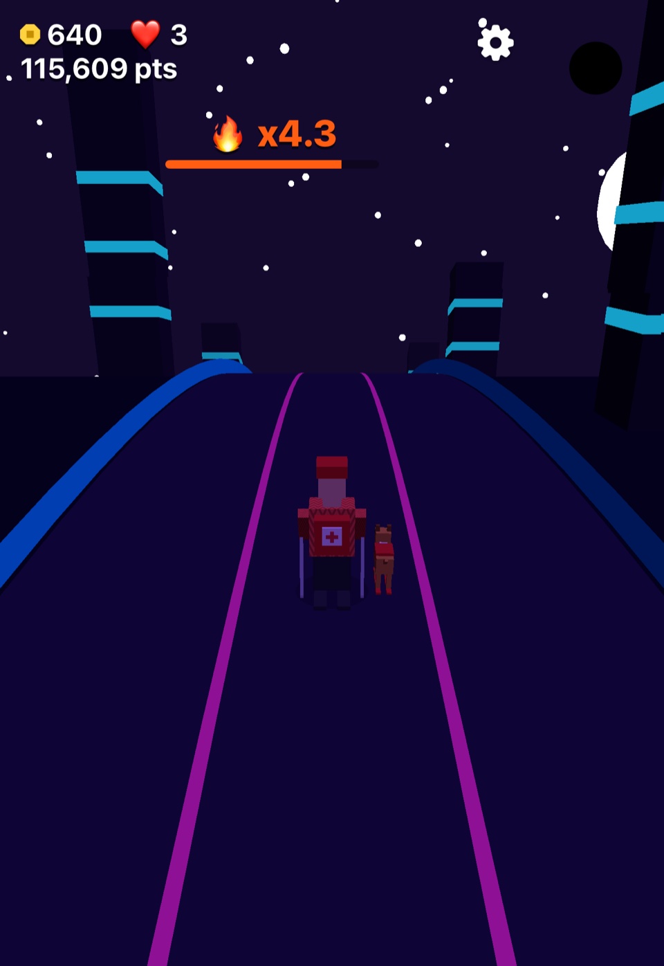 Night City gameplay on iPhone Duo, with Ski Patrol and a rescue dog on skis