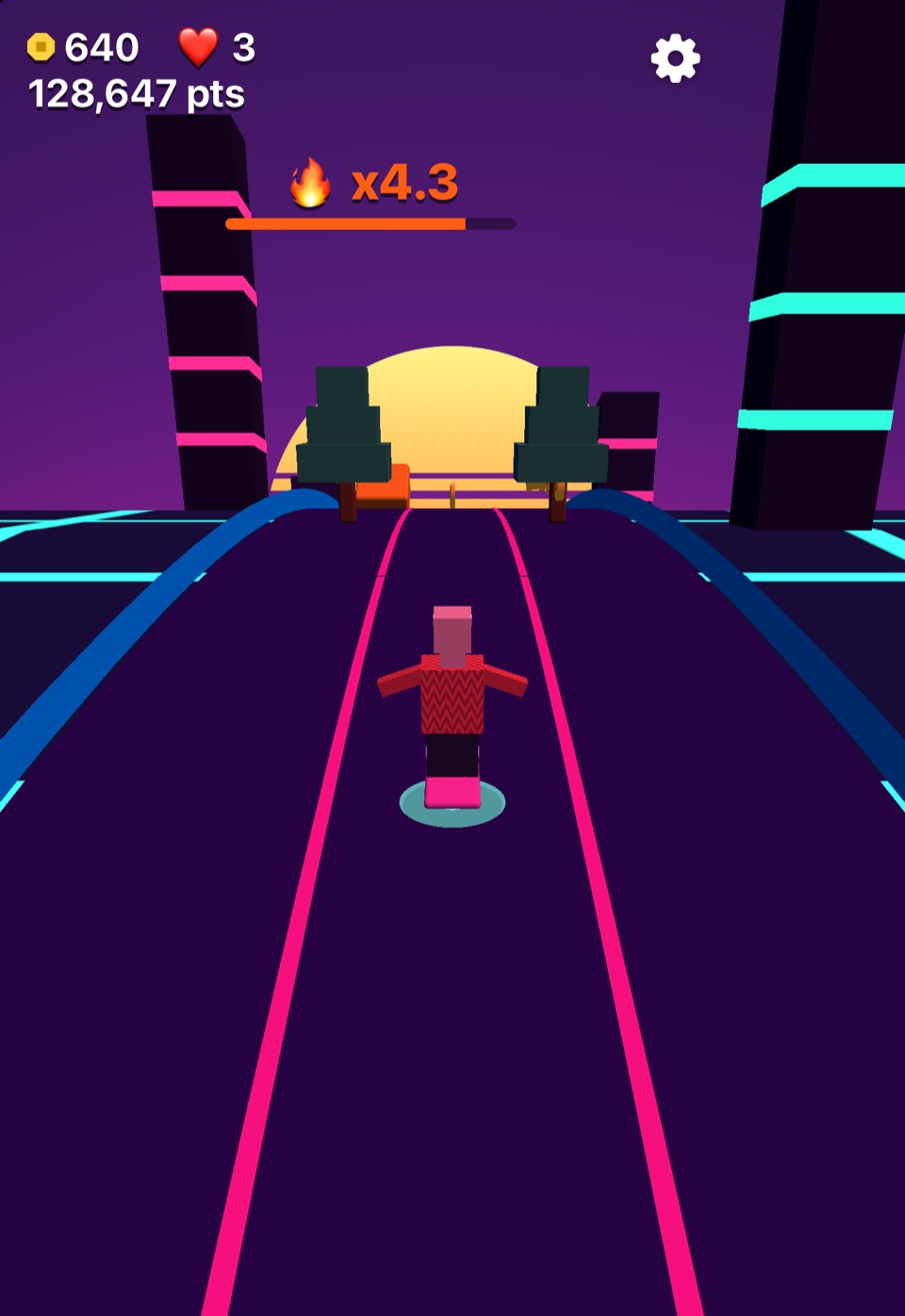 Synthwave Sunset gameplay on iPhone Duo, with the Hoverboard rider approaching a tree and hurdle row