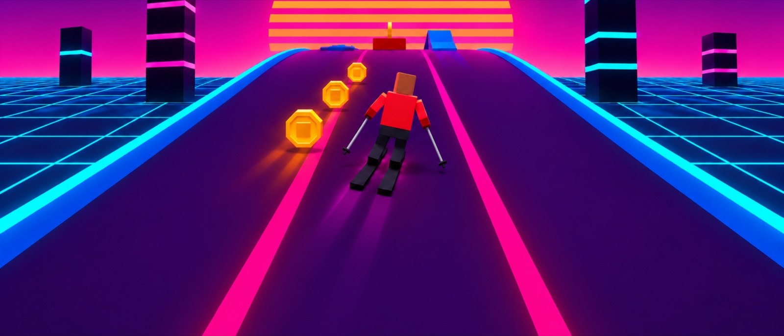 Illustrated Synthwave Sunset artwork for Fall Line, with a striped sun, neon lane markers, and a red blocky skier