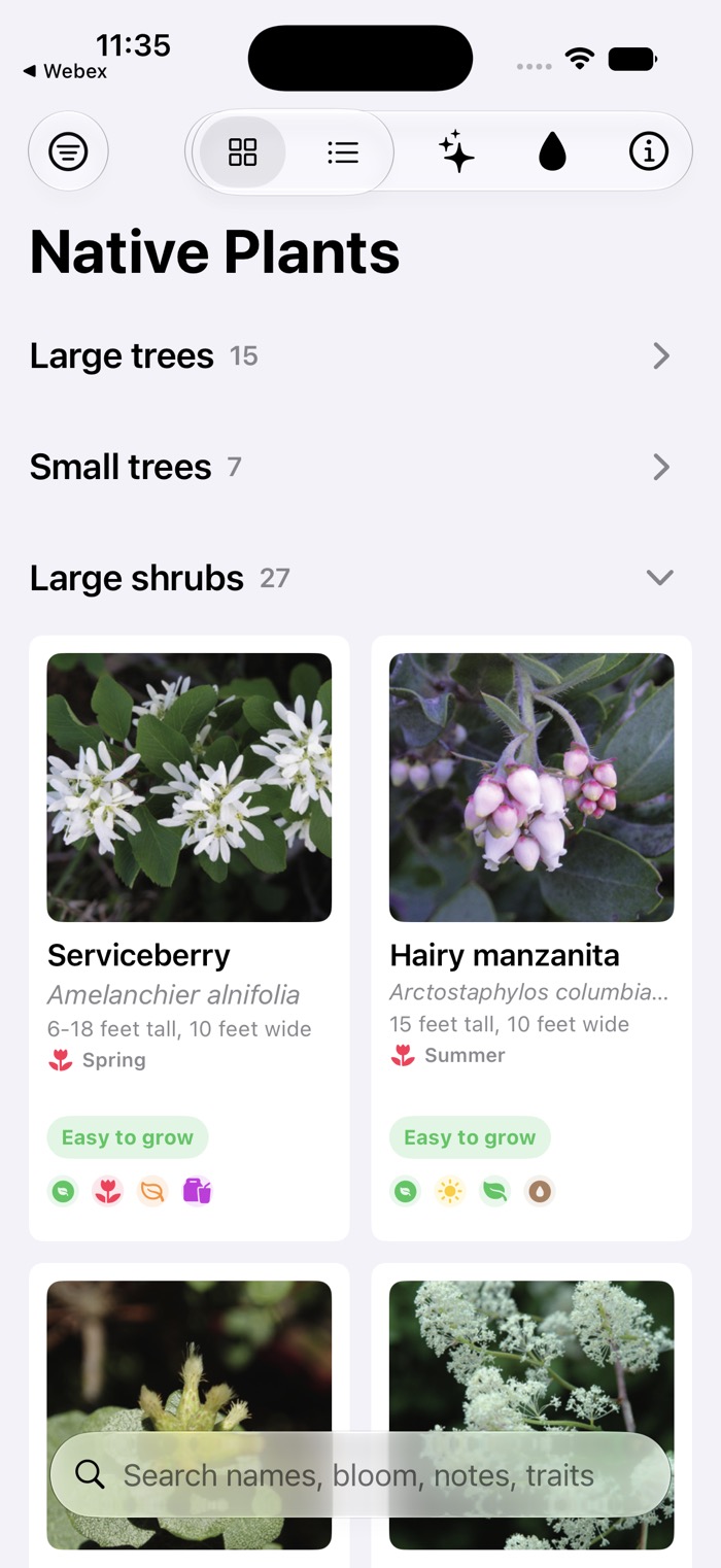 Native Plants iPhone grid catalog