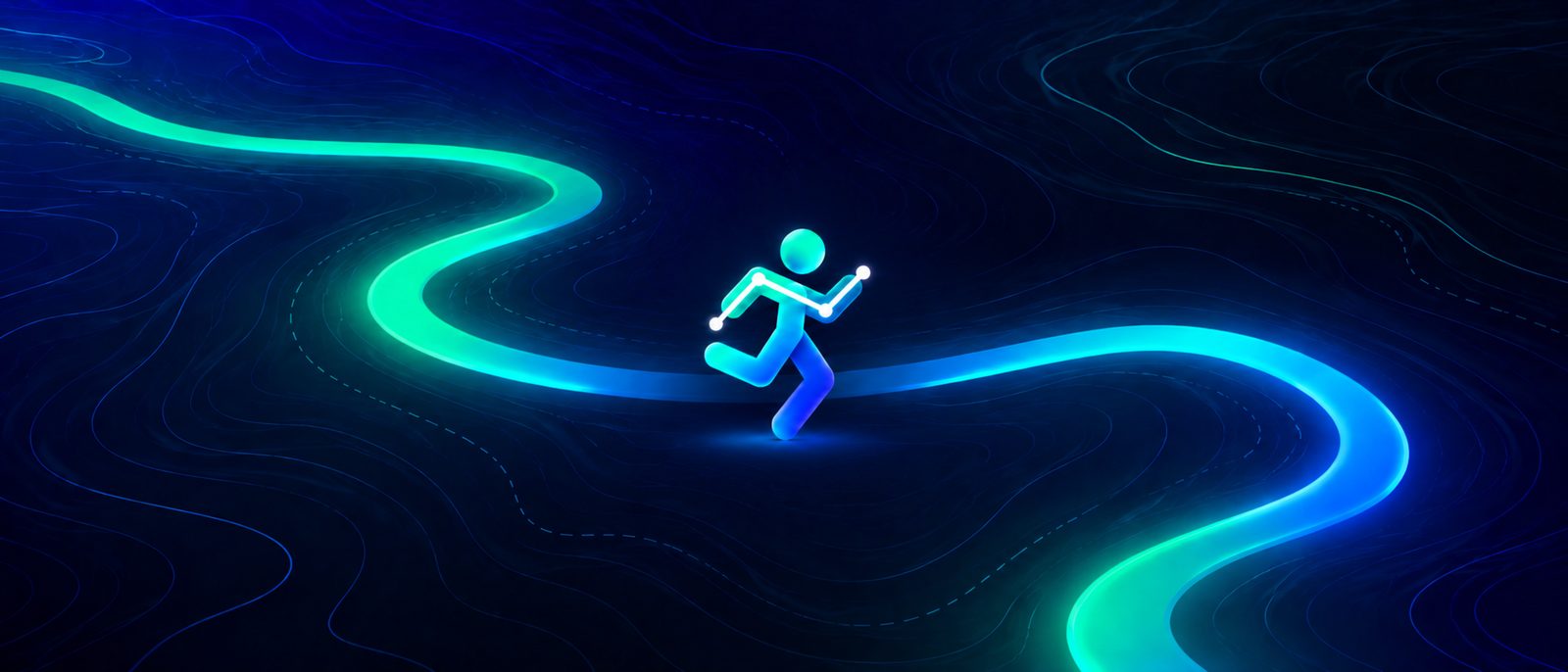 A glowing runner on a winding cyan-and-green route across a dark topographic map
